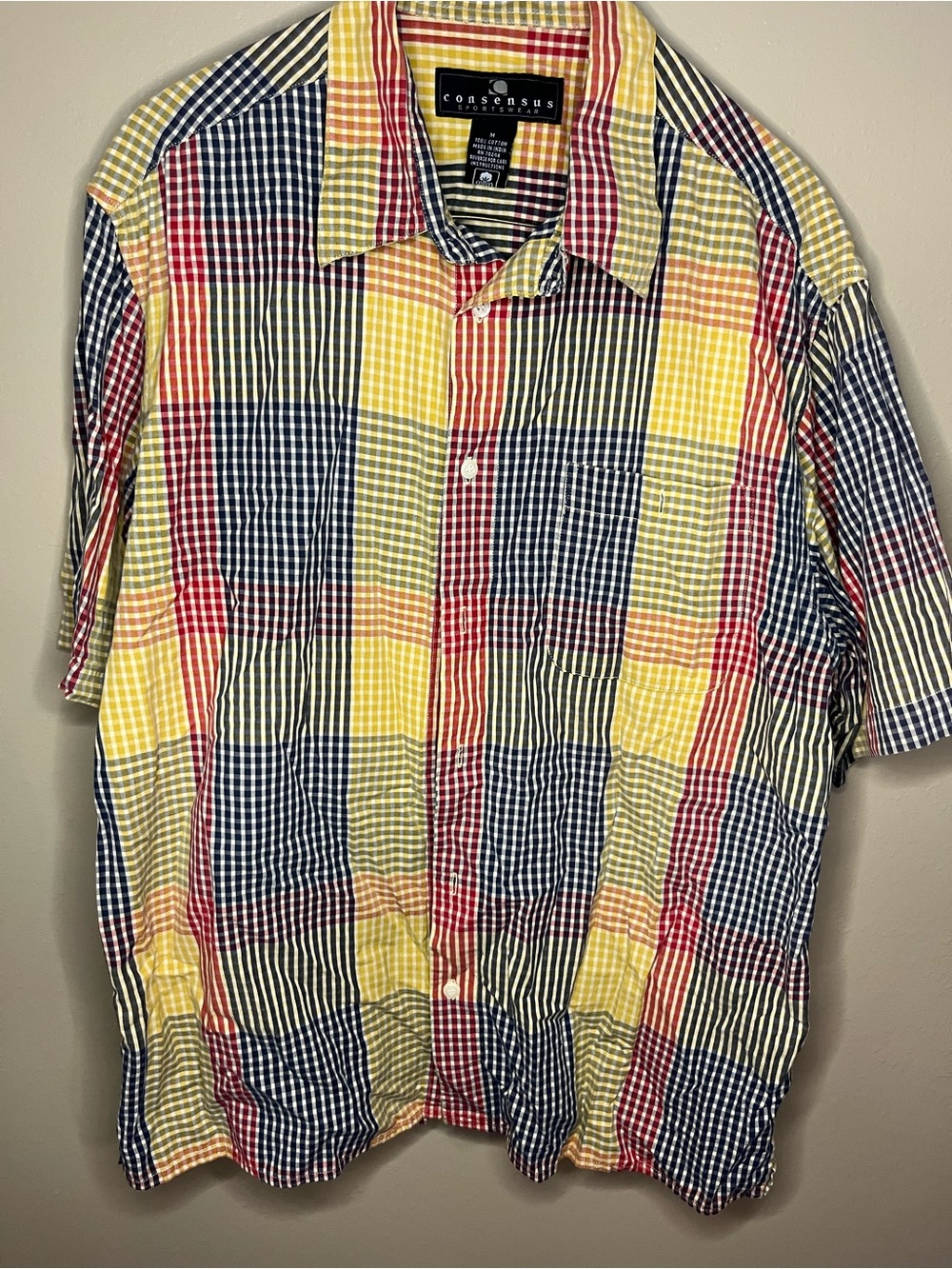 Consensus Men’s Short-Sleeve Plaid Button-Down Shirt in Yellow/Navy/Red